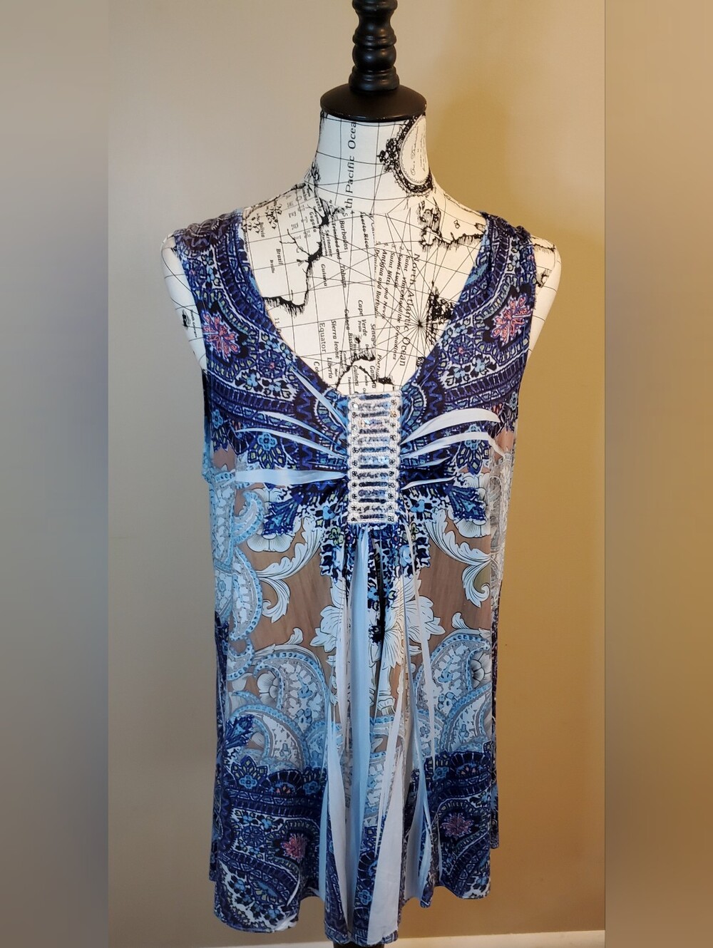 Unity World Wear Large Blue Paisley Sleeveless Slinky Tunic Sequin Lace Y2K Top